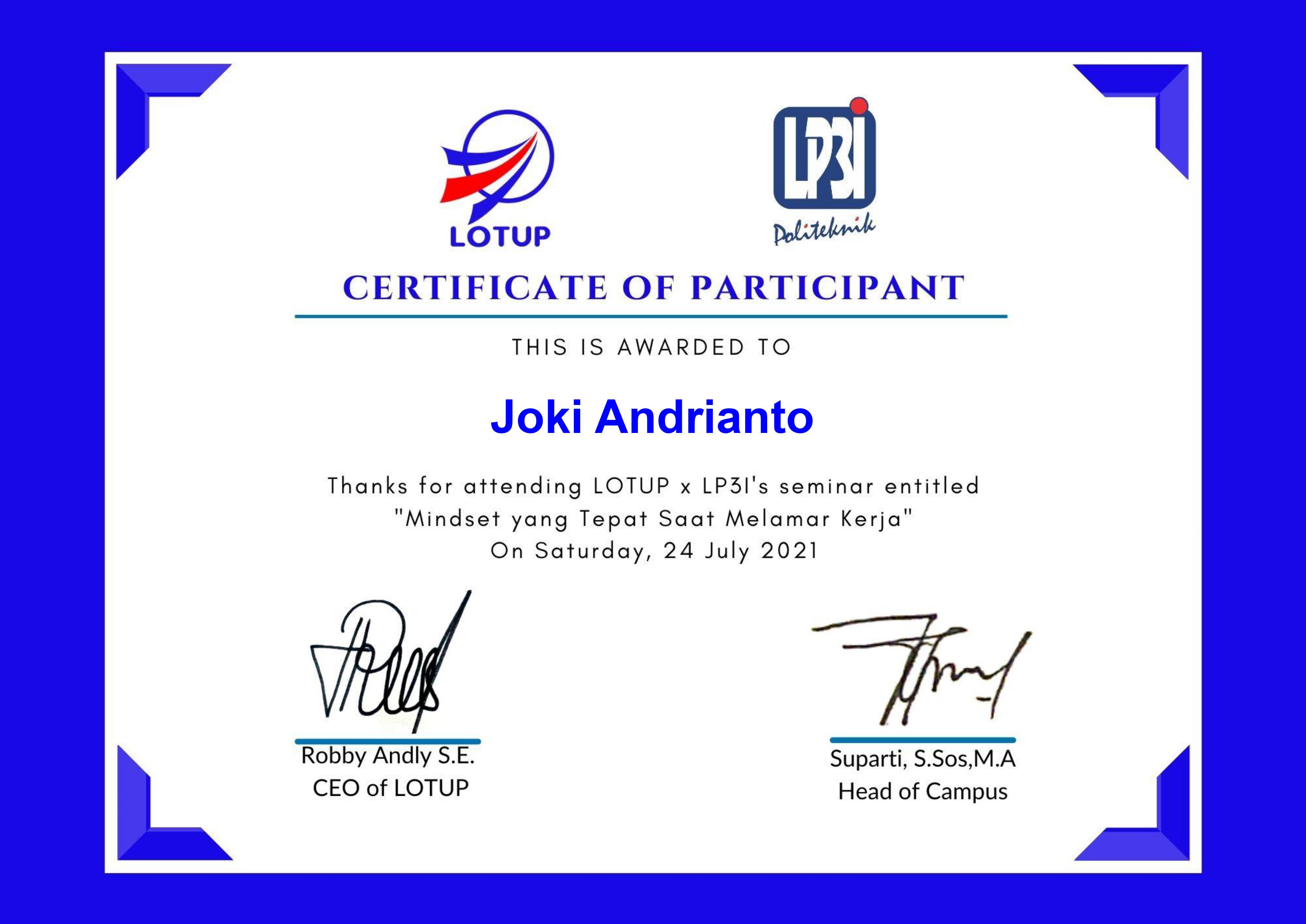 Sertifikat Joki Andrianto